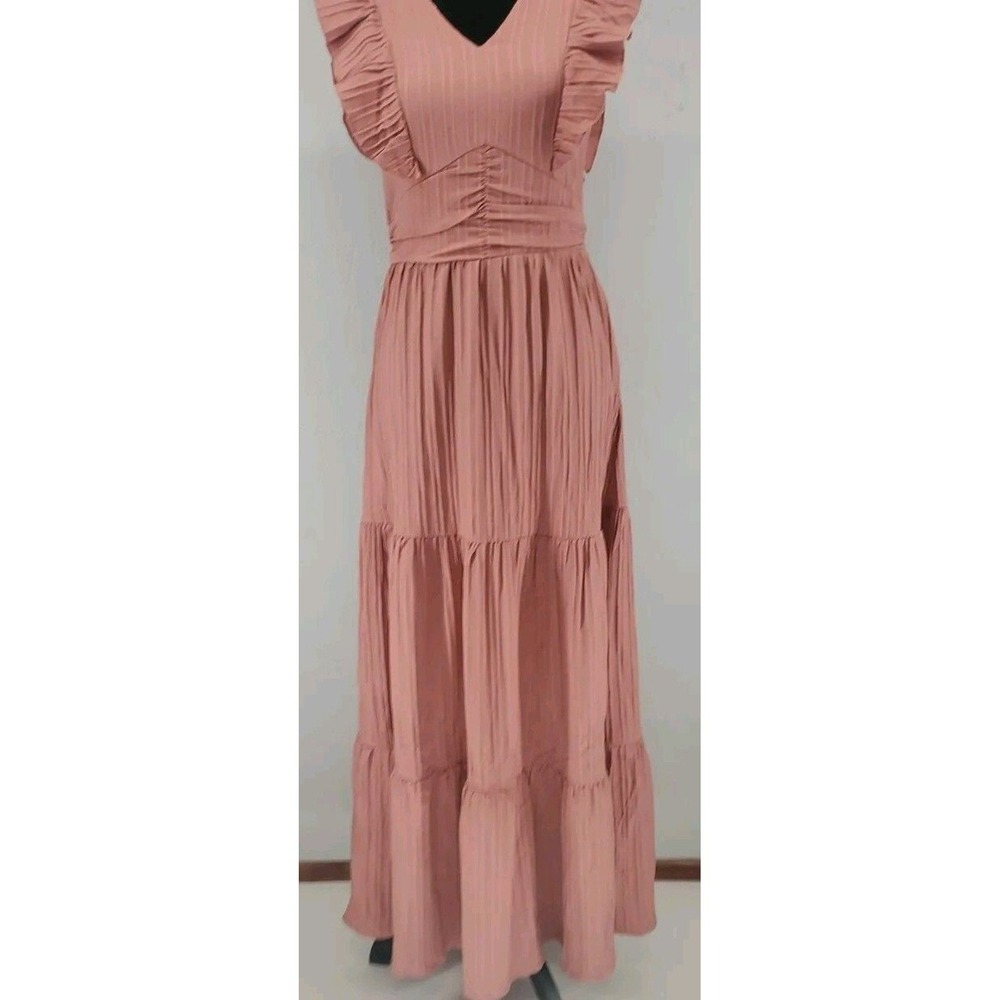 SHEIN‎ Pink Ruffle Sleeve V-Neck Tiered Maxi Dress Cottagecore Boho Women XS
